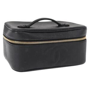 CHANEL COCO Mark Vanity Hand Bag Caviar Skin Black Gold CC Auth 156049